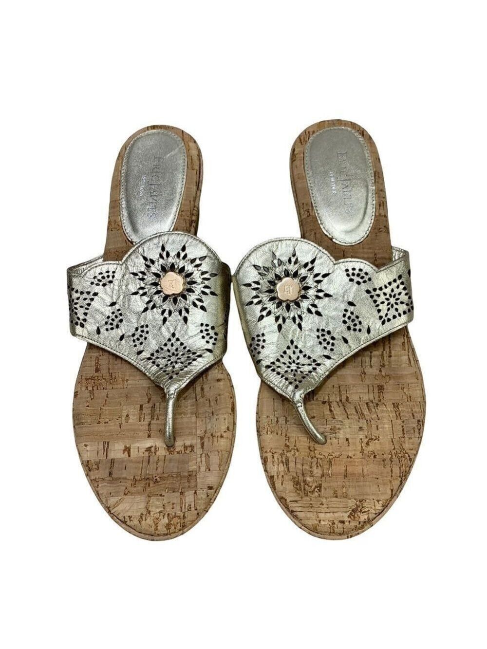 Eric Javits Gold Leather with Cutouts Cork Wedge Thong Sandals 10 NARROW